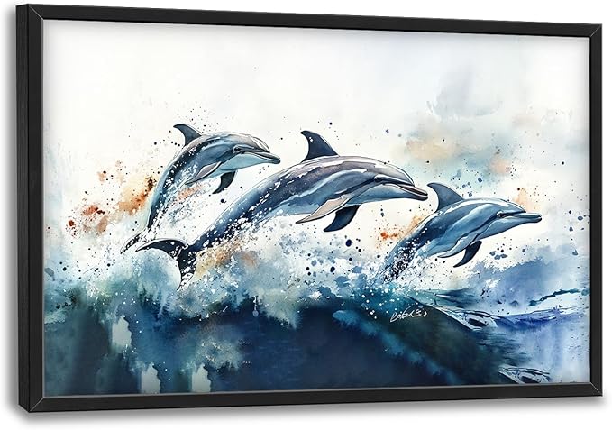 SweetFox Extra Large Watercolor Dolphin Framed Wall Art for Living Room,Ocean Dolphin Pictures Oversized Wall Decor Abstract Canvas Painting Print Artwork for Bathroom Master Bedroom 36L X 24W