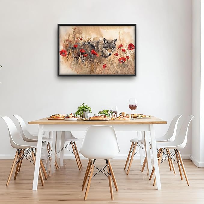 SweetFox Extra Large Watercolor Wolf Framed Wall Art for Living Room, Wild Flowers Wolf Pictures Oversized Wall Decor Abstract Canvas Painting Print Artwork for Bathroom Master Bedroom 36L X 24W