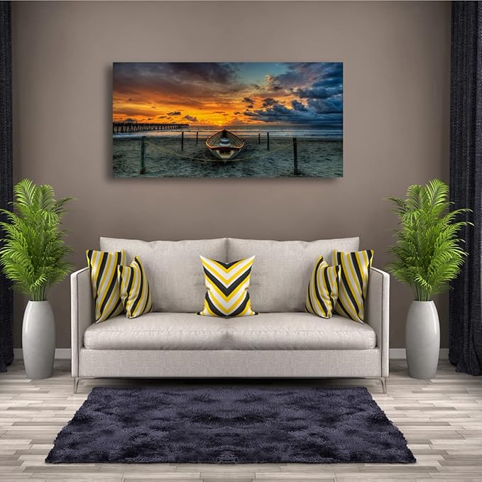 Beach Themed Wall Art Canvas Prints Seascape Poster Bathroom Décor Boat Ocean Sunset Landscape Paintings for Bedroom Dining Room Home Kitchen Decorations Natural Artwork 20x40 Picture Wooden Frames