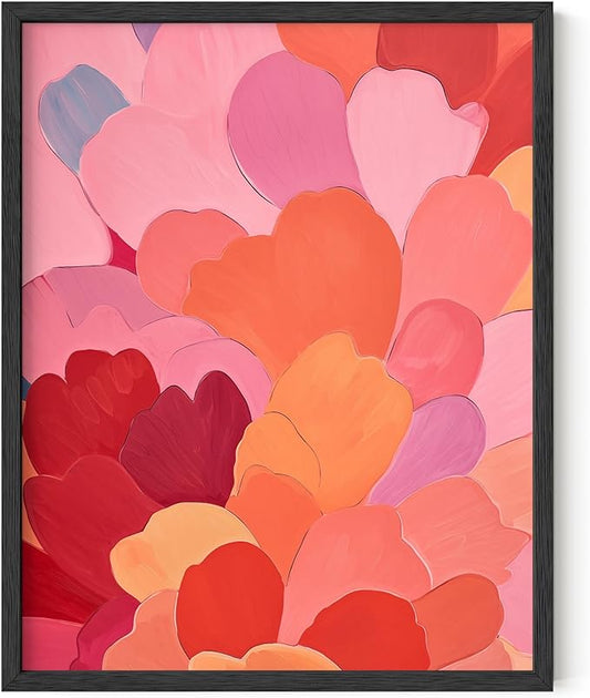 HAUS AND HUES Colorful Abstract Wall Art - Minimalist Retro Picture for Living Room Decor, Red and Pink Modern Wall Art Painting (Petals 1, Black Frame, 11x14)