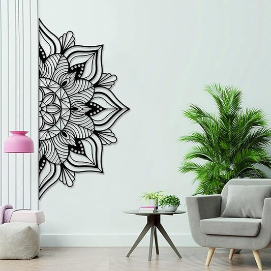 Resama Large Metal Mandala Wall Decor, Unique Lotus Flower Wall Art, Suitable for Office and Home Indoor and Outdoor Decoration (Black, 45''x22.6'' / 114x57.5cm)