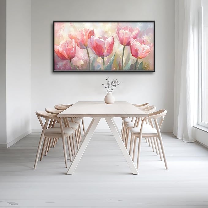 Kylora Tulip Wall Art Pink Tulips Pictures Wall Decor Pink Flowers Large Master Over Above Bed Canvas Prints Horizontal Modern Artwork Painting Home Office Decorations For Kitchen Bedroom 30"x60"