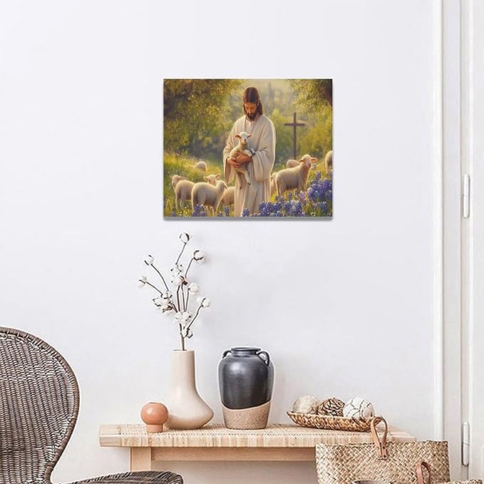 Fleruku Jesus Lamb Wall Art Christ Christian Wall Decor Jesus Religious Sign Pictures Canvas Painting Artwork Home Decorations for Living Room Bedroom Bathroom Office 20"x16"