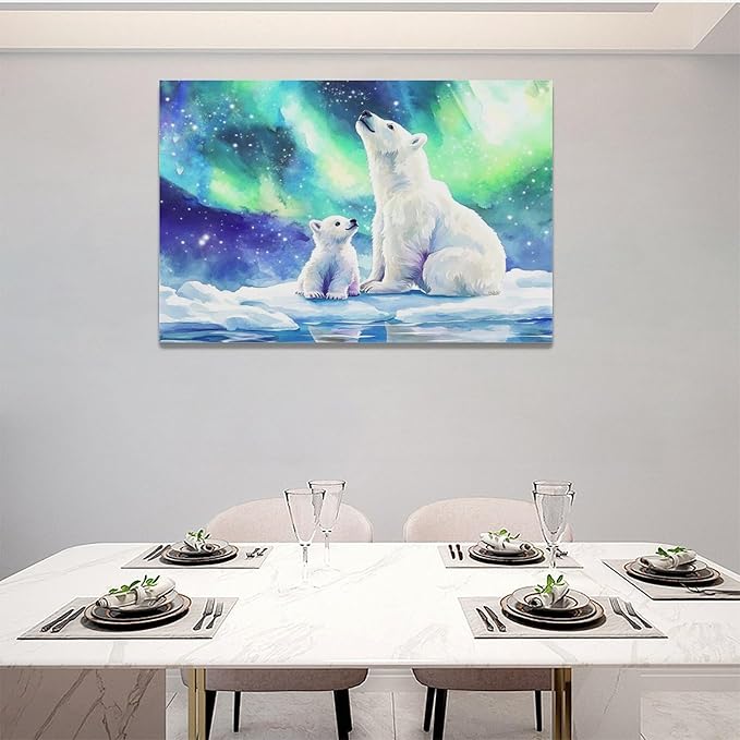 Olivine Polar Bear Wall Art, Northern Lights Pictures Wall Decor,Watercolor Polar Landscape Canvas Prints Paintings, Framed Artwork for Bathroom Bedroom Living Room Office Home Decoration 24"x16"