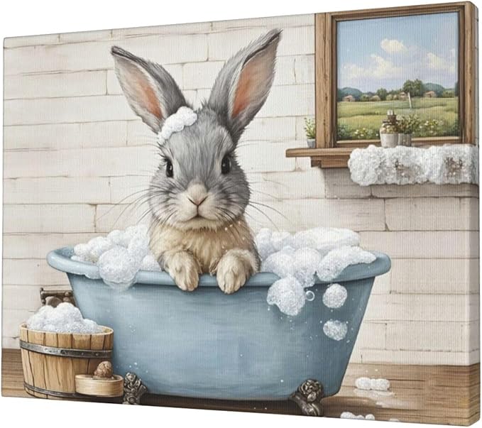 Farmhouse Bunny Bathroom Decor Wall Art Rabbit Pictures Canvas Prints Rustic Country Bathroom Painting Artwork Easter Decoration Framed Gifts for Women Girl Restroom Toilet 20"x24"