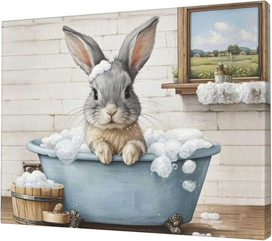 Farmhouse Bunny Bathroom Decor Wall Art Rabbit Pictures Canvas Prints Rustic Country Bathroom Painting Artwork Easter Decoration Framed Gifts for Women Girl Restroom Toilet 20"x24"
