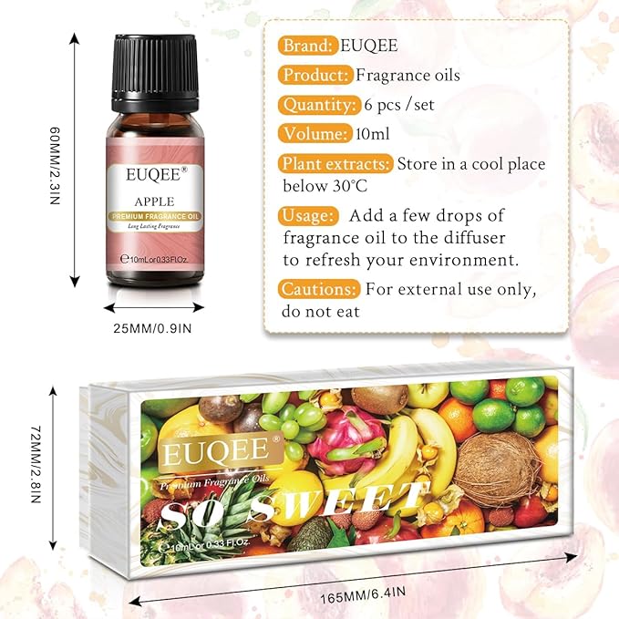 Premium Fruit Fragrance Oils Gift Set for So Sweet - 6x10ml-Strawberry, Cherry, Litchi, Apple, Mango, Peach - Scented Essential Oils for Diffuser, Candle Making