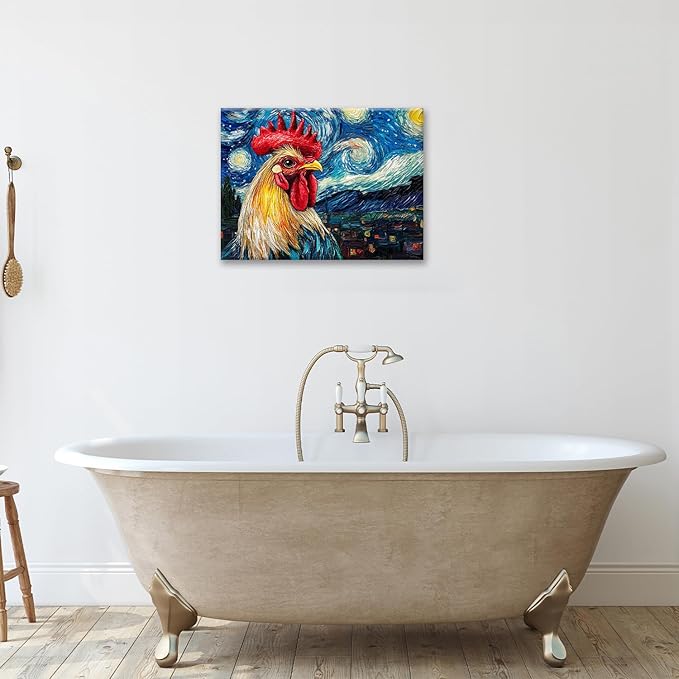 Olivine Rooster Wall Art, Vintage Chicken Pictures Wall Decor, Starry Night Painting Farmhouse Rooster Canvas Prints, Framed Artwork for Bathroom Bedroom Living Room Office Home Decoration 24"x20"