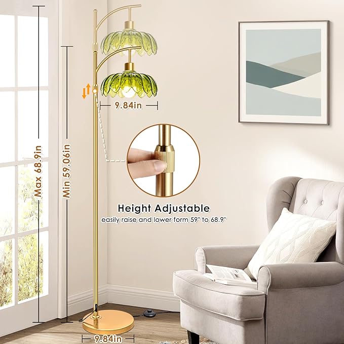 Arc Floor Lamp with Remote, Modern Gold Floor Lamps for Living Room, Dimmable LED Standing Lamp with 3 Color Temperature, Boho Retro Glass Flower Lamp, Tall Lamp for Bedroom Office Corner
