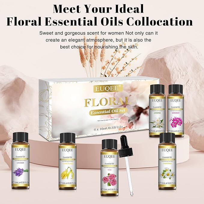 Floral Essential Oils Set of 6 Pure Essential Oil Gift Set for Diffusers, Soap & Candle Making - Lavender, Rose, Ylang Ylang, Jasmine, Geranium, Chamomile Aromatherapy Oils - 10ml