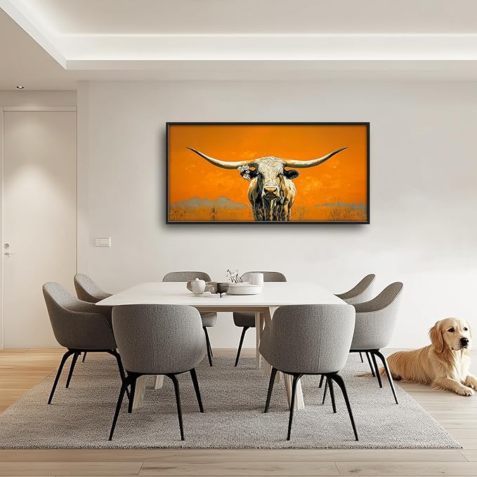 SweetFox Extra Large Western Longhorn Steer Framed Wall Art for Living Room, Farmhouse Cow Pictures Oversized Wall Decor Abstract Canvas Painting Print Artworks for Bathroom Master Bedroom 60L X 30W