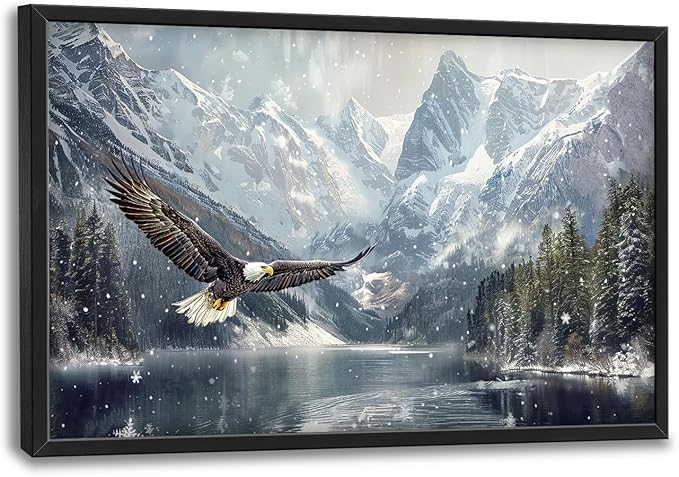 Winter Wall Art Snowy Mountain Lake Soaring Bald Eagle Pictures Wall Decor Large Canvas Prints Framed Artwork Paintings Home Office Decorations for Living Room Bedroom Dinning Room 36"x24"