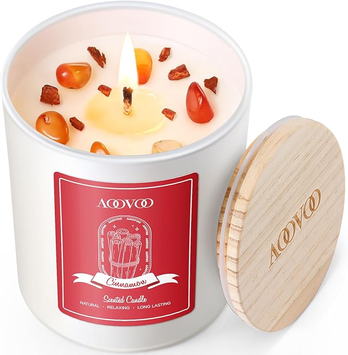 AOOVOO Cinnamon Scented Candles for Women - Aromatherapy Candle with Crystals Inside, 10oz Soy Candles for Home Scented, Birthday Gifts Candle for Women Mom