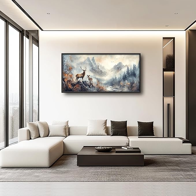 Deer Wall Art Large Landscape Nature Mountain Pictures Wall Decor Above Over Bed Canvas Prints Big Painting Framed Artwork Decoration for Bedroom Living Room Bathroom Office 60"x30"