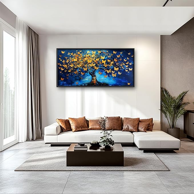 Blue Canvas Wall Art Golden Butterfly Tree Pictures Wall Decor Above Bed Framed Artwork Paintings Home Office Decorations for Living Room Bedroom Dinning Room Kitchen 60"x30"
