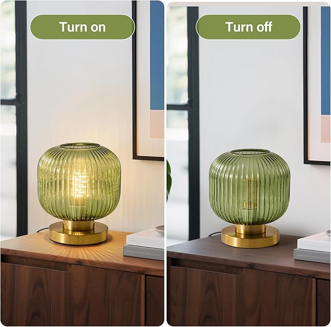 Small Green Glass Table Lamp: Mid Century Modern Dimmable Nightstand Lamps - Vintage Decor Brass Desk Lamp with Plug - Ribbed Glass Bedside Tables Lamps for Bedroom Living Room Office Bulb Excluded