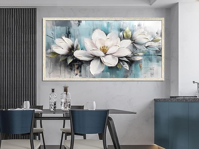 Ardemy Rustic Flower Wall Art Oversized Framed White Floral Canvas Painting Magnolia Textured Picture Teal Grey Artwork for Living Room Bedroom Dining Room Home Office Wall Decor, 58"x29"