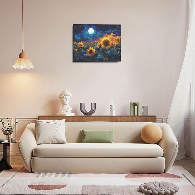 Sunflower Canvas Wall Art Starry Night Pictures Painting Yellow Floral Wall Decor Prints Framed Artwork Decoration for Living Room Bedroom Bathroom Dining Room Office 16"x20"
