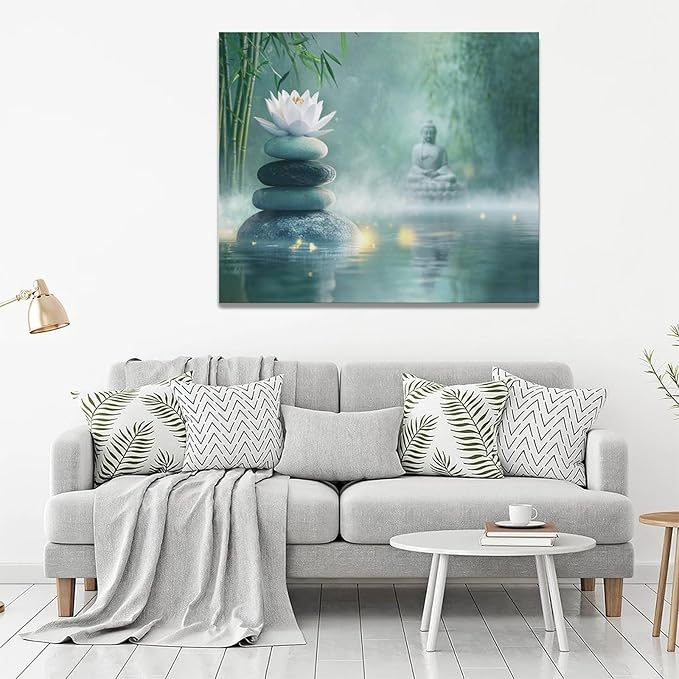 Olivine Zen Decor Wall Art, Lotus Pictures Wall Decor, Stones Flower Bloom Canvas Prints Painting, Framed Artwork for Meditation Bathroom Bedroom Living Room Office Home Decoration 24"x20"