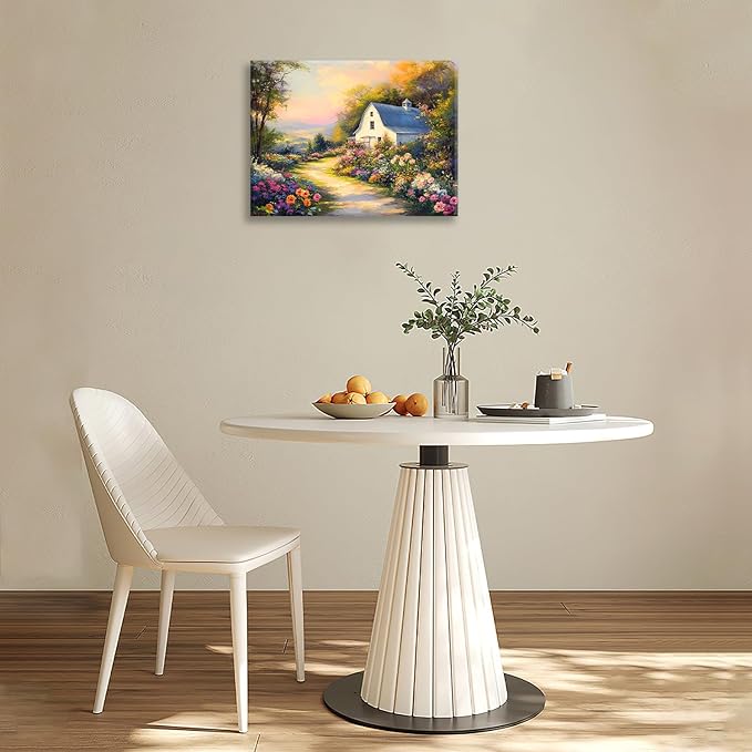 Olivine Garden Wall Art, Barn Pictures Wall Decor, Sunset Painting Vintage Village Garden Canvas Print, Framed Artwork for Living Room Bedroom Bathroom Office Home Decoration 16"x12"