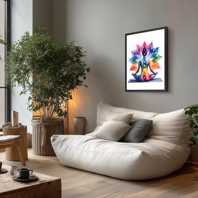 GELDSTEI Wood Framed Zen Wall Art, Chakra Yoga Wall Decor, Colorful Meditation Poster Print, Spiritual Canvas Painting, Vibrant Meditating Woman Aesthetic Picture for Living Room Yoga Studio 12"x16"