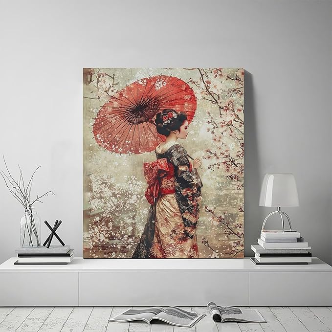 Fleruku Vintage Japanese Wall Art Japanese Geisha Wall Decor Japan Women Pictures Canvas Painting Artwork Home Decorations for Living Room Bedroom Bathroom Office 20"x24"