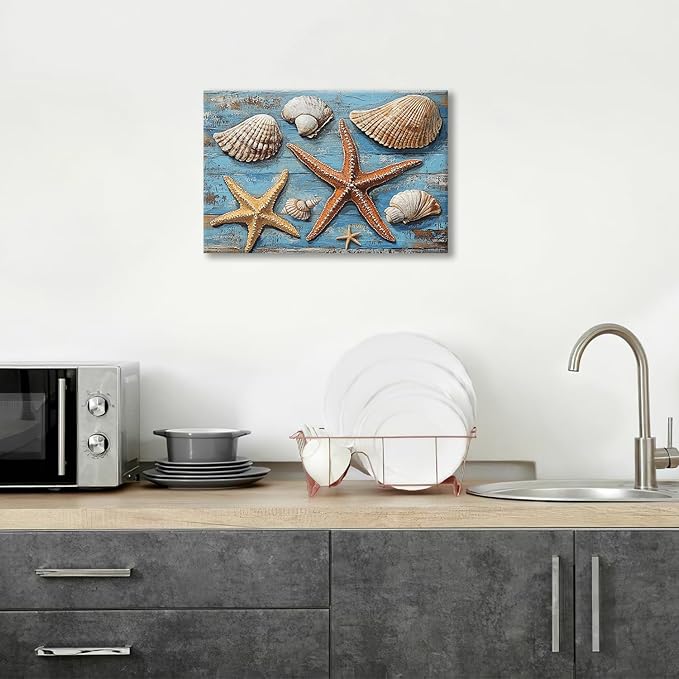 Olivine Seashell Wall Art, Coastal Starfish Pictures Wall Decor, Beach Theme Painting, Blue Seashell Canvas Prints, Framed Artwork for Bathroom Bedroom Living Room Office Home Decoration 24''x16''