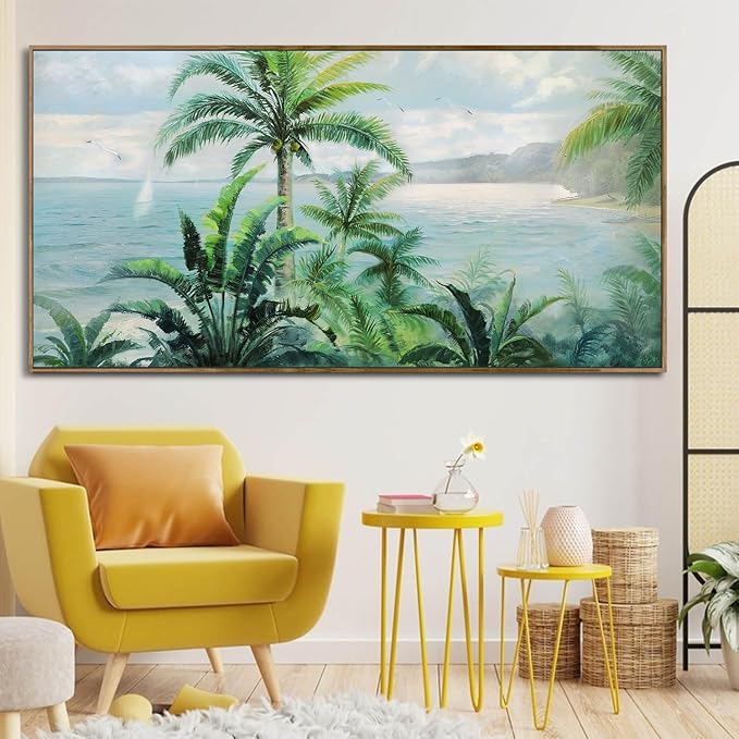 Anolyfi Palm Tree Picture Green Tropical Wall Art for Living Room Landscape Large Canvas Painting Nature Seascape Textured Artwork for Bedroom Kitchen Hallway Office Home Decor, Wood Framed 40"x20"