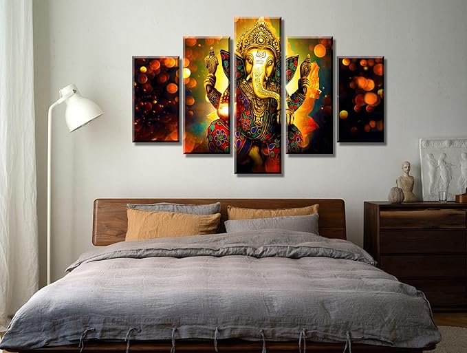 DJSYLIFE Extra Large Premium Quality Picture Canvas Wall Art - 5 Pieces Hindu God Ganesha Art Wall Home Decor HD Print Home Wall Hanging Art Prints Modular Pictures - Ready to Hang (60''W x 40''H)