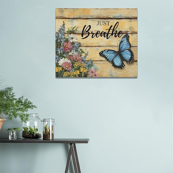 Olivine Butterfly Wall Art, Butterflies Flower Pictures Wall Decor, Just Breathe Painting, Vintage Farmhouse Canvas Prints, Framed Artwork for Living Room Bedroom Bathroom Kitchen Office Home 24"x20"