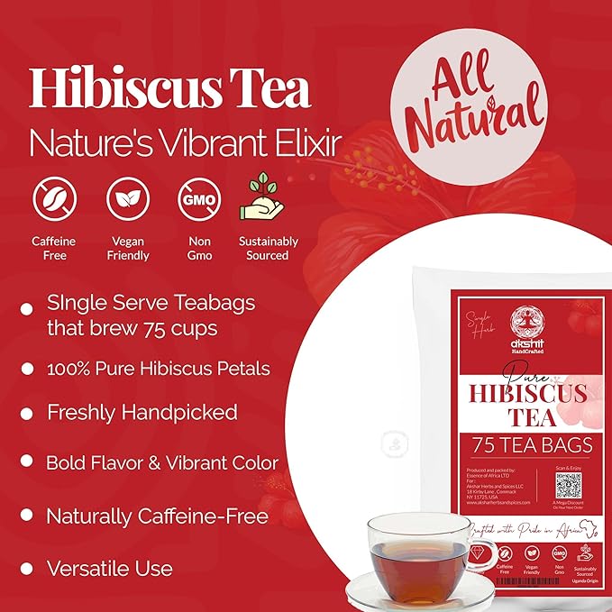 Hibiscus Tea - 75 Tea Bags, 100% Natural Hibiscus Flowers, Te de Hibisco, HerbalTea, Caffeine Free, Sugar-Free, Non-GMO, Sugar-free. Perfect for Hot or IcedTea. by Akshit