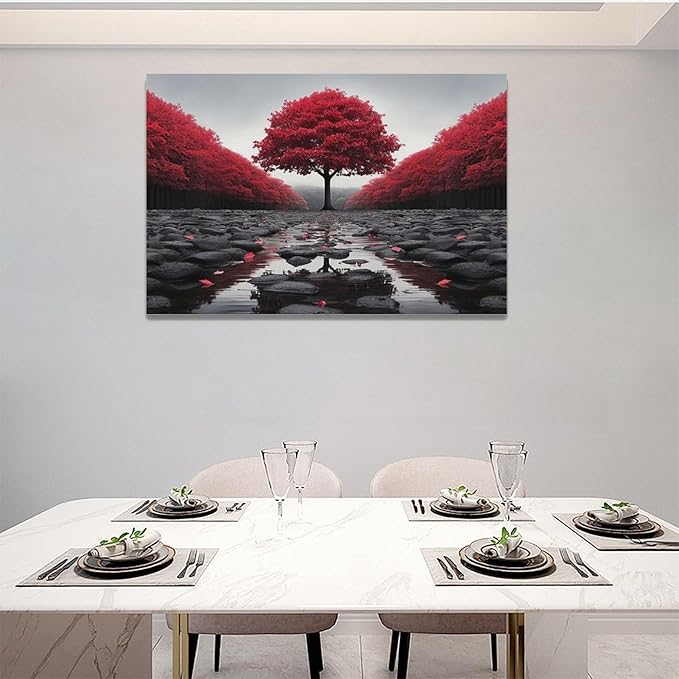 Black And Red Tree Wall Art Zen Stone Canvas Prints Pictures Large Red Tree Forest Landscape Wall Decor Modern Framed Artwork for Living Room Bedroom Office Spa Yoga 24"x16"