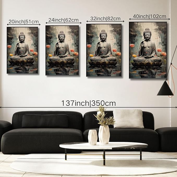 Buddha Wall Art, Buddha with Lotus Flower Canvas Wall Art, Zen Canvas Painting, Spiritual Picture Print Decor, Meditation Print Decor, Yoga Room, Living Room Hangings (Gold Framed, 19"x27"| 48x69cm)
