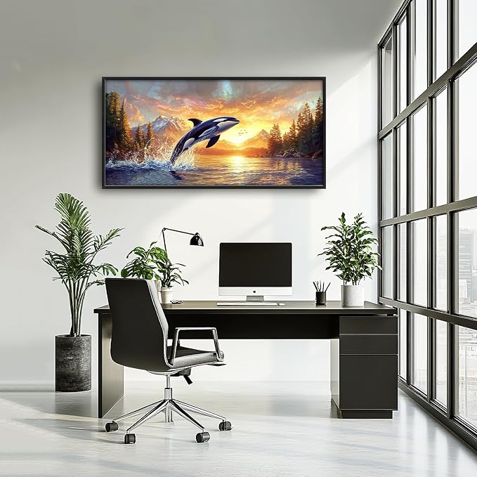 SweetFox Extra Large Orca Whale Sunset Framed Wall Art for Living Room, Ocean Wildlife Pictures Oversized Wall Decor Abstract Big Canvas Painting Print Artworks for Bathroom Bedroom 60L X 30W