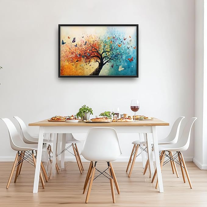 SweetFox Extra Large Tree of Life Framed Wall Art for Living Room, Colorful Tree Butterfly Pictures Oversized Wall Decor Abstract Canvas Painting Print Artwork for Bathroom Master Bedroom 36L X 24W