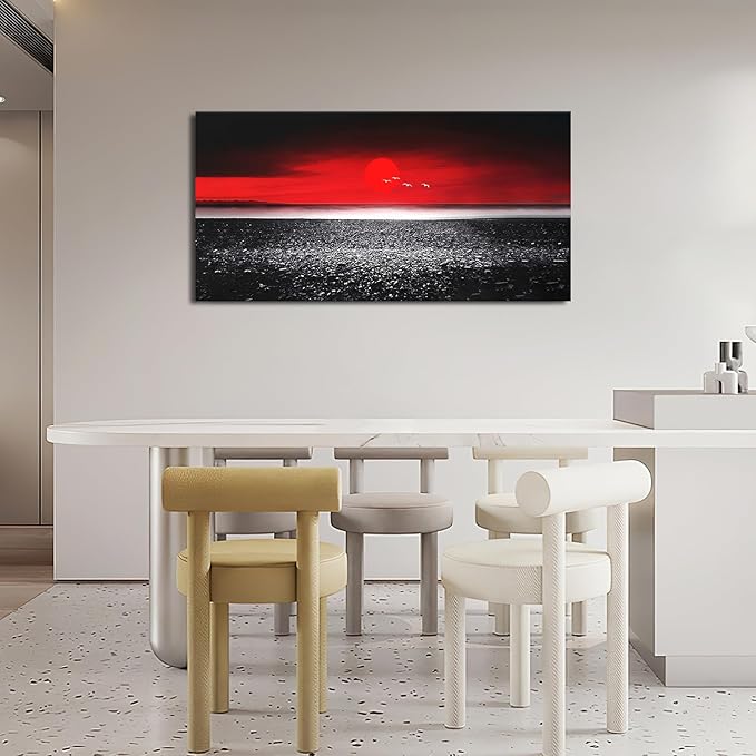 Moon Wall Art Large Red Black And White Canvas Prints Beach Coastal Ocean Picture Wall Decor Japanese Modern Framed Artwork Home Decorations for Living Room Dining Room Office 60"x30"