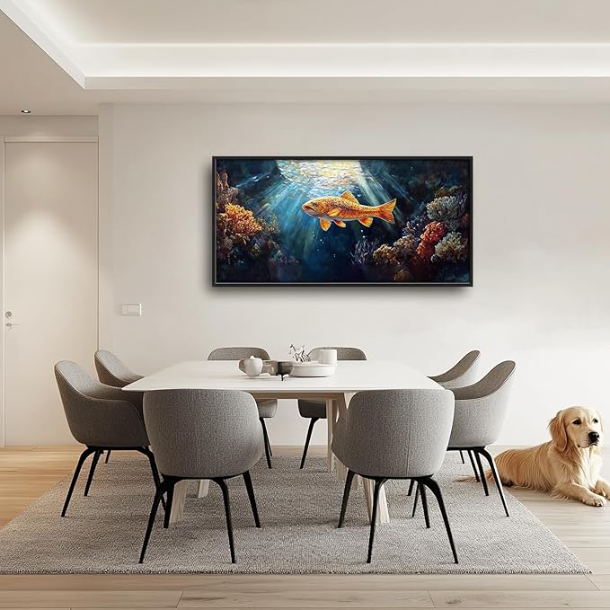 SweetFox Extra Large Ocean Fish Framed Wall Art for Living Room, Coastal Sea Fishing Pictures Oversized Wall Decor Abstract Big Canvas Painting Print Artworks for Bathroom Master Bedroom 60L X 30W