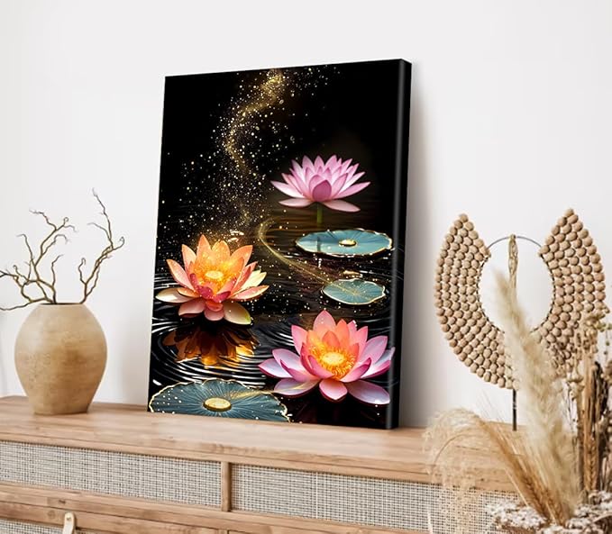 Framed Lotus Floral Canvas Prints Art for Zen Office Decor Wall Art,Zen Canvas Prints Wall Decor,Lotus Flower Bloom in Water Picture,Spiritual Decor Meditation Poster Painting(12"x16")