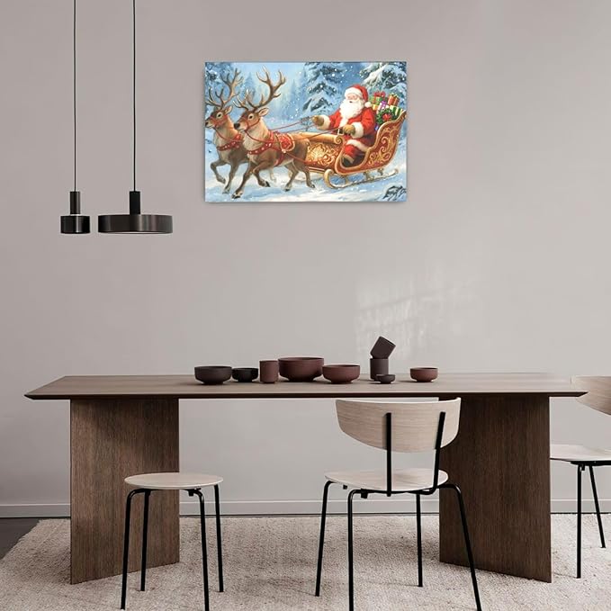 Santa Claus Christmas Wall Art Winter Santa Claus Reindeer Canvas Wall Decor Winter Christmas Pictures Painting Artwork Decoration Framed Gifts for Women Girl Bedroom Living Room Dining Office 16"x24"