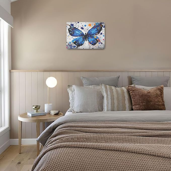 Banksy Butterfly Wall Art Blue Butterfly Street Art Graffiti Wall Decor Pictures Painting Canvas Artwork Framed Decoration Gifts for Women Girl Living Room Bedroom Office 16"x24"