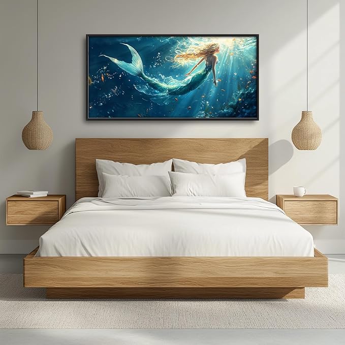 Framed Large Wall Art for Living Room, Beach Mermaid Canvas Wall Decor, Large Ocean Picture Framed Painting, Modern Artwork for Bedroom Office 60L'' × 30W''