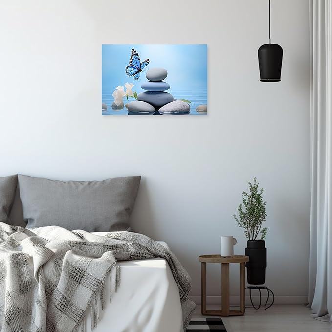 ARTZGX Zen Wall Art for Bathroom Zen Stone Picture Blue Butterfly Painting Still Life Artwork for Yoga Room Decor Frame(Zen - C 28.00" x 42.00")