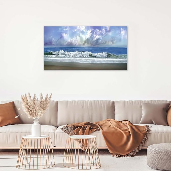 Bogosip Blue Ocean Wall Art Decor Beach Picture for Wall White Wave Painting Seascape Theme Large Canvas Print Modern Frame Artwork for Bedroom Bathroom Living Room Office 60"x30"