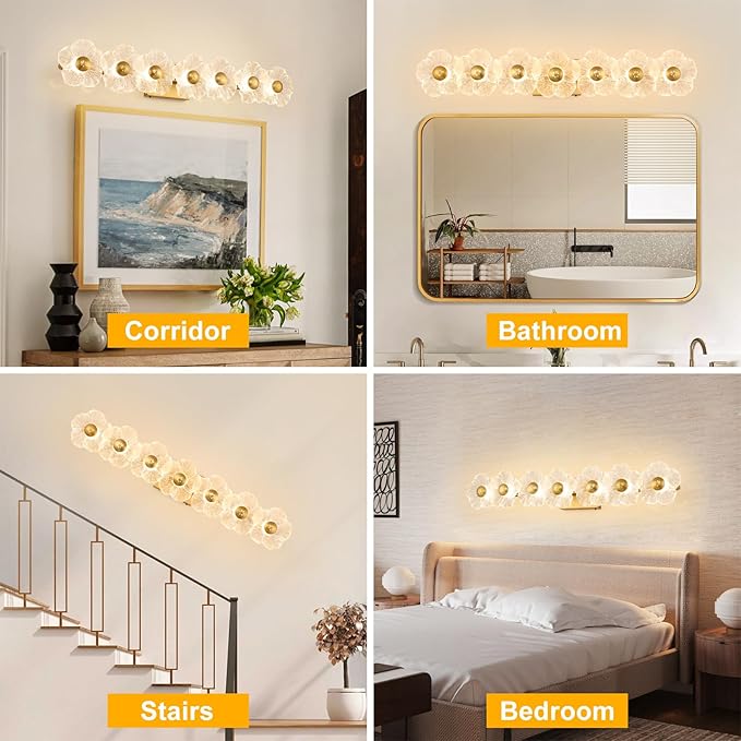 MantoLite Bathroom Light Fixtures Modern Vanity Over Mirror Adjustable 3000K-6000K Picture Lights Art Light with Floral Clear Glass Shades for Living Room Bedroom Wall Sconces (7 Gold)