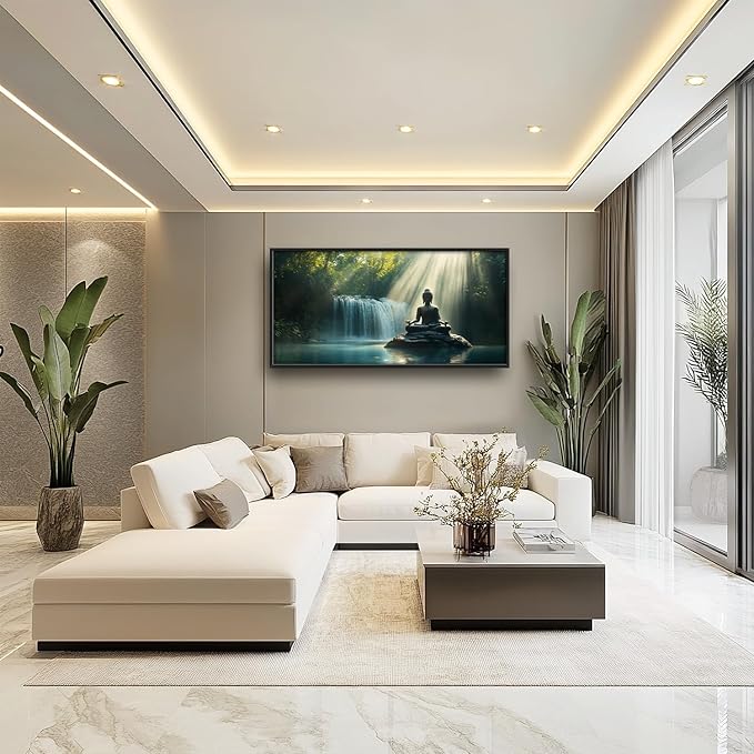 SweetFox Extra Large Buddha Framed Wall Art for Living Room, Zen Buddha Statue Pictures Oversized Wall Decor Forest Waterfall Big Canvas Painting Print Artwork for Bathroom Master Bedroom 60L X 30W