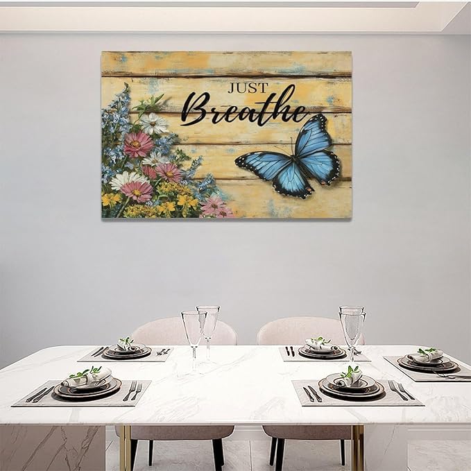 Olivine Butterfly Wall Art, Butterflies Flower Pictures Wall Decor, Just Breathe Painting, Vintage Farmhouse Canvas Prints, Framed Artwork for Living Room Bedroom Bathroom Kitchen Office Home 24"x16"