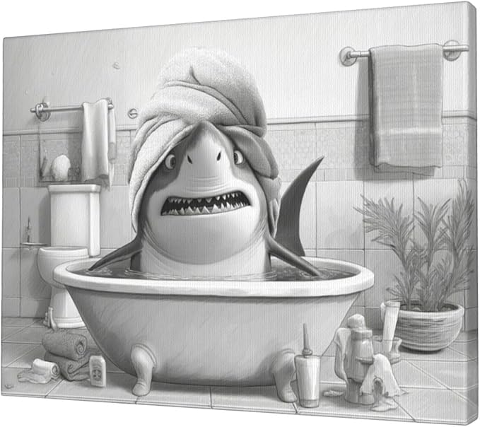 Funny Shark Bathroom Decor Wall Art Black and White Bathroom Pictures Painting Canvas Framed Toilet Humor Artwork Restroom Home Decoration Gifts for Women Girl 20"x24"
