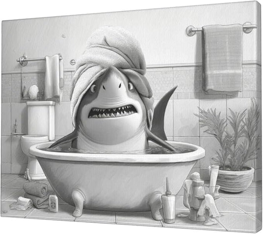 Funny Shark Bathroom Decor Wall Art Black and White Bathroom Pictures Painting Canvas Framed Toilet Humor Artwork Restroom Home Decoration Gifts for Women Girl 20"x24"
