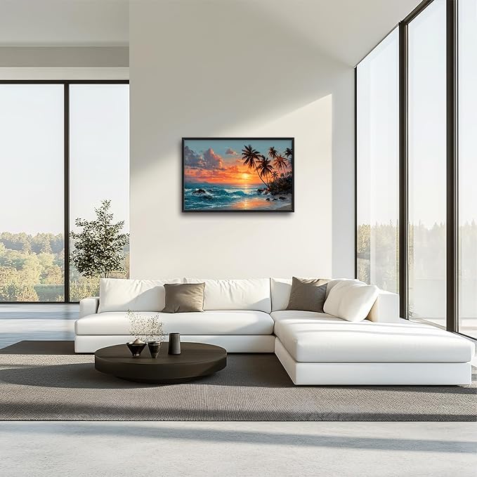 Glocmna Large Wall Art for Living Room Beach Sunset Ocean Waves Wall Decor Tropical Coastal Palm Trees Scenery Canvas Big Seascape Pictures Painting Print Framed Artwork Decorations Gifts for Bedroom Home Office Hotel 24"x36"