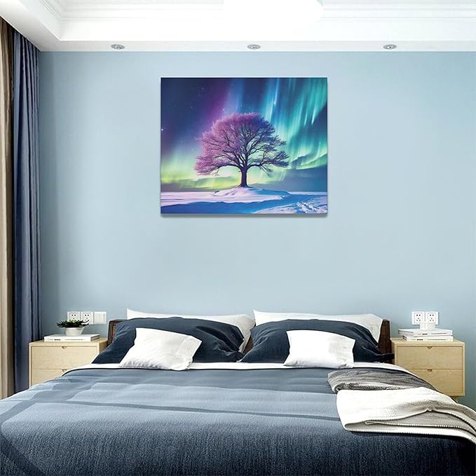 Northern Lights Bathroom Decor Aurora Wall Art Tree canvas Snow Painting Canvas Prints Framed Artwork for Bathroom kitchen Bedroom Living Room 20"x16"